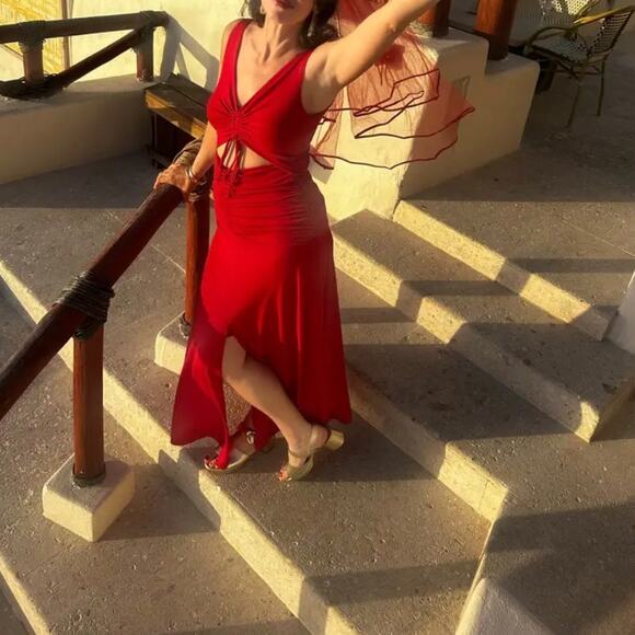 Zac Posen Red Cutout Waist Maxi Dress Size 10 Jersey Ruched Gown Designer $550 - Picture 4 of 11